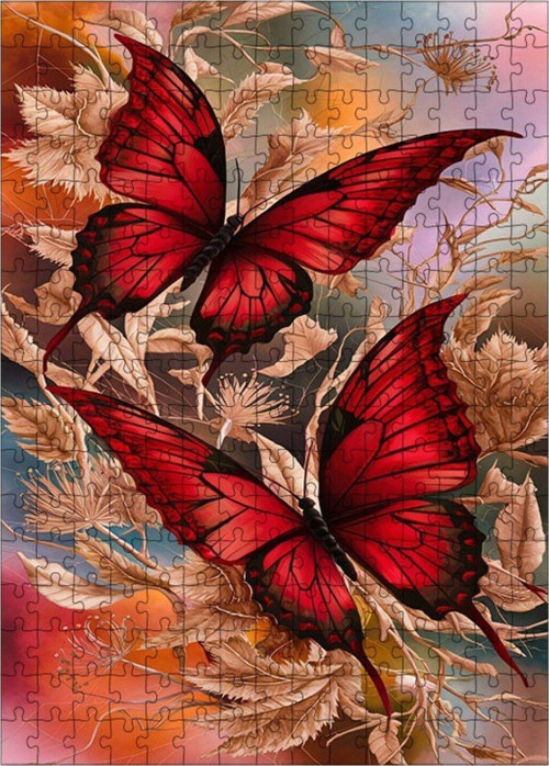 Ahşap Mdf Puzzle Yapboz Kırmızı Kelebekler 255 Parça 35 x 50 cm