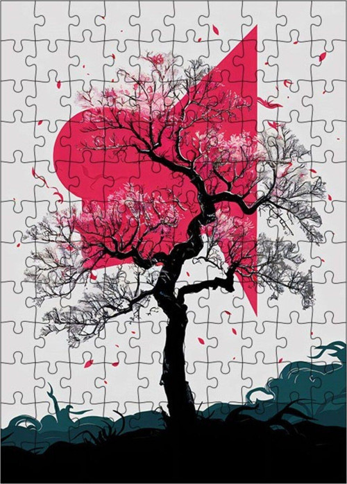 Ahşap Mdf Puzzle Yapboz Ağaç Ve Kırmızı Güneş 120 Parça 25 x 35 cm