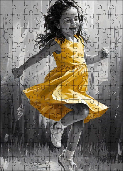 Ahşap Mdf Puzzle Yapboz Sarı Elbiseli Küçük Kız 120 Parça 25 x 35 cm