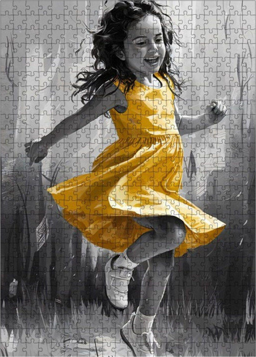 Ahşap Mdf Puzzle Yapboz Sarı Elbiseli Küçük Kız 500 Parça 50 x 70 cm