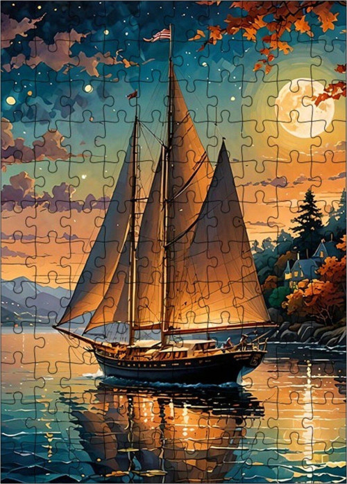 Ahşap Mdf Puzzle Yapboz Göldeki Yelkenli Tekne 120 Parça 25 x 35 cm