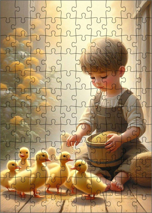 Ahşap Mdf Puzzle Yapboz Civcivleri Besleyen Çocuk 120 Parça 25 x 35 cm