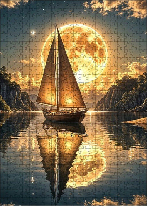 Ahşap Mdf Puzzle Yapboz Göldeki Yelkenli Tekne 500 Parça 50 x 70 cm