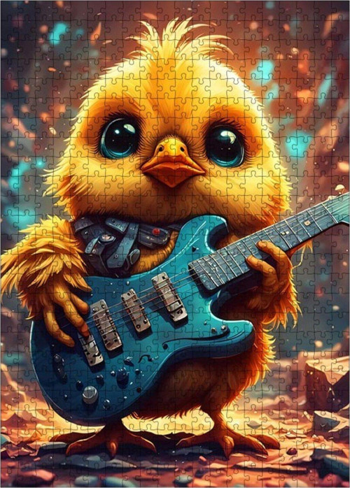 Ahşap Mdf Puzzle Yapboz Elektro Gitar Çalan Civciv 500 Parça 50 x 70 cm