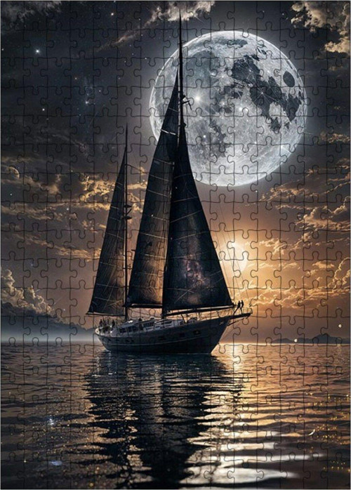 Ahşap Mdf Puzzle Yapboz Göldeki Tekne Ve Dolunay 255 Parça 35 x 50 cm