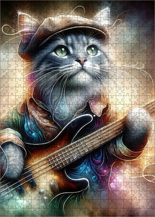 Ahşap Mdf Puzzle Yapboz Bas Gitar Çalan Kedi 500 Parça 50 x 70 cm