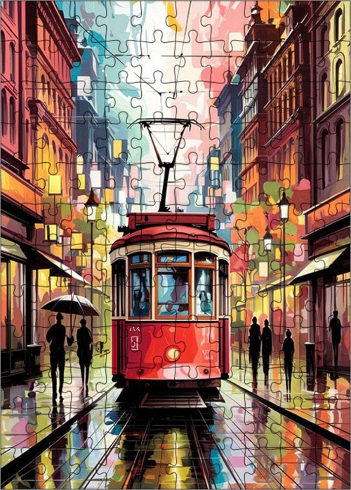 Ahşap Mdf Puzzle Yapboz Kırmızı Tramvay Ve İnsanlar 120 Parça 25 x 35 cm