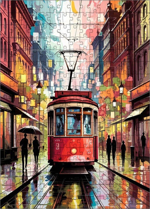 Ahşap Mdf Puzzle Yapboz Kırmızı Tramvay Ve İnsanlar 255 Parça 35 x 50 cm