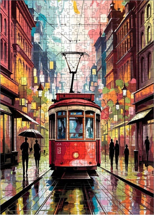 Ahşap Mdf Puzzle Yapboz Kırmızı Tramvay Ve İnsanlar 500 Parça 50 x 70 cm