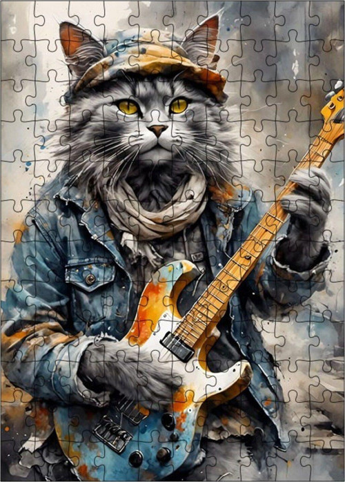 Ahşap Mdf Puzzle Yapboz Elektro Gitar Çalan Kedi 120 Parça 25 x 35 cm