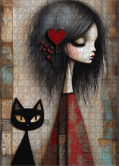 Ahşap Mdf Puzzle Yapboz Kedi Ve Kız 500 Parça 50 x 70 cm