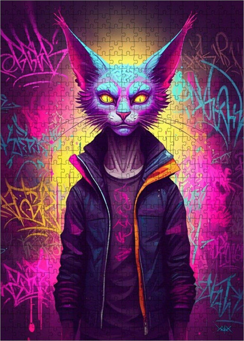 Ahşap Mdf Puzzle Yapboz Neon Kedi 500 Parça 50 x 70 cm