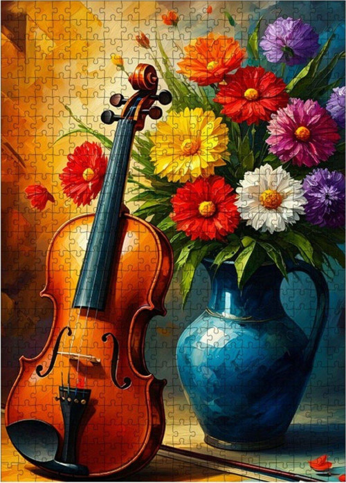 Ahşap Mdf Puzzle Yapboz Keman Ve Çiçekler 500 Parça 50 x 70 cm