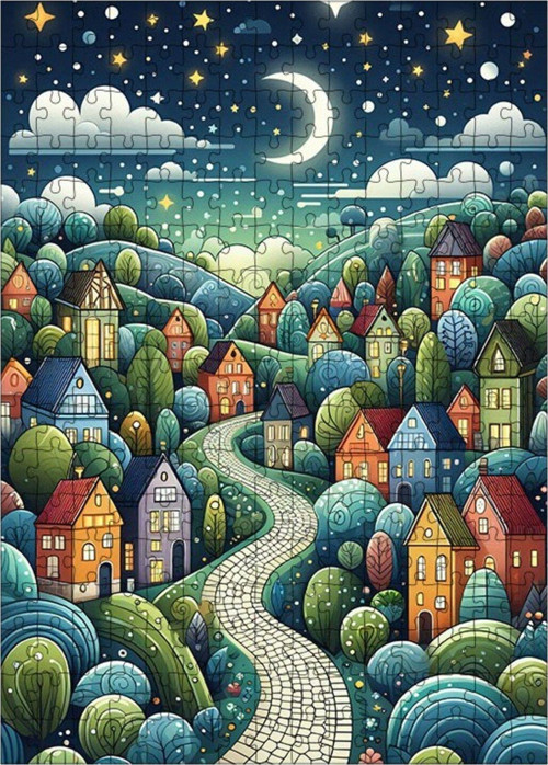 Ahşap Mdf Puzzle Yapboz Yıldızlı Gece Köyü 255 Parça 35 x 50 cm