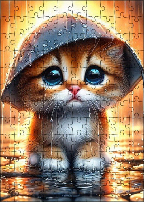 Ahşap Mdf Puzzle Yapboz Yağmur Altında Yavru Kedi 120 Parça 25 x 35 cm