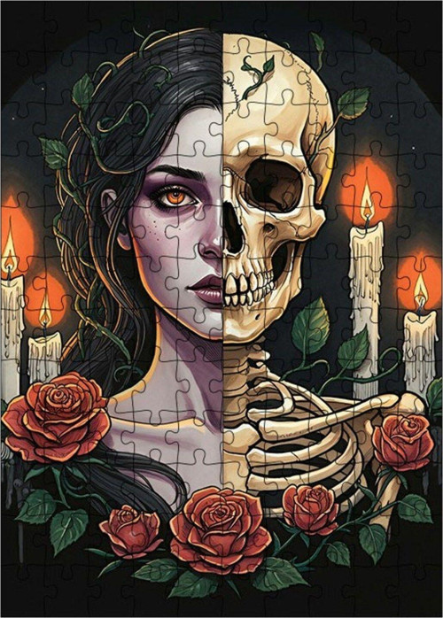 Ahşap Mdf Puzzle Yapboz Gül Ve Kurukafa 120 Parça 25 x 35 cm