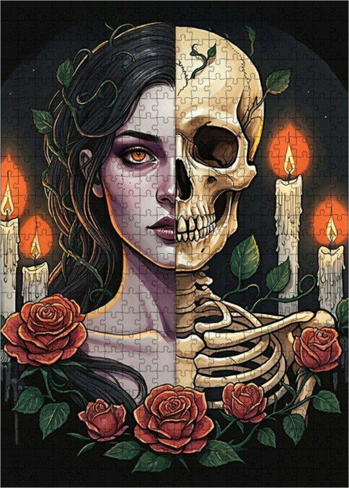 Ahşap Mdf Puzzle Yapboz Gül Ve Kurukafa 500 Parça 50 x 70 cm