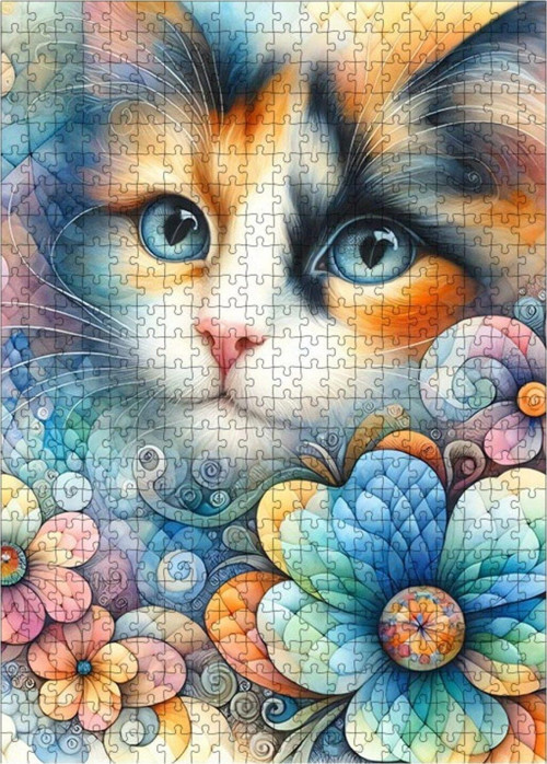 Ahşap Mdf Puzzle Yapboz Çiçekli Kedi 500 Parça 50 x 70 cm