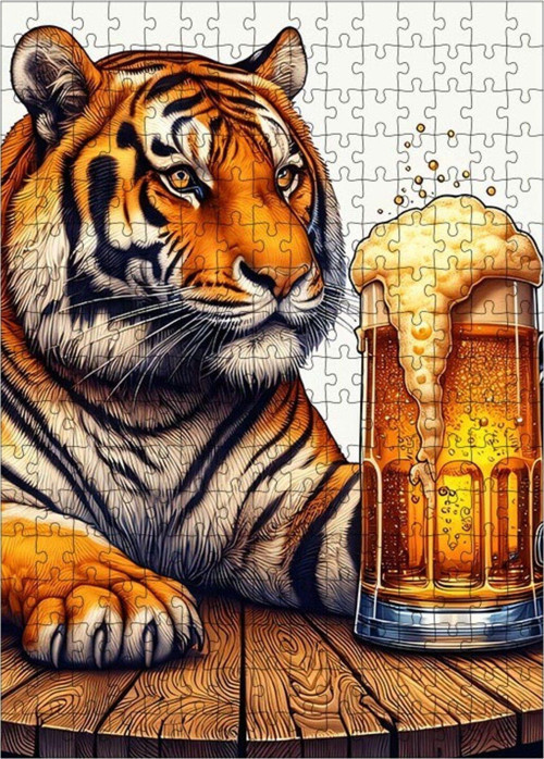 Ahşap Mdf Puzzle Yapboz Bira Ve Kaplan 255 Parça 35 x 50 cm