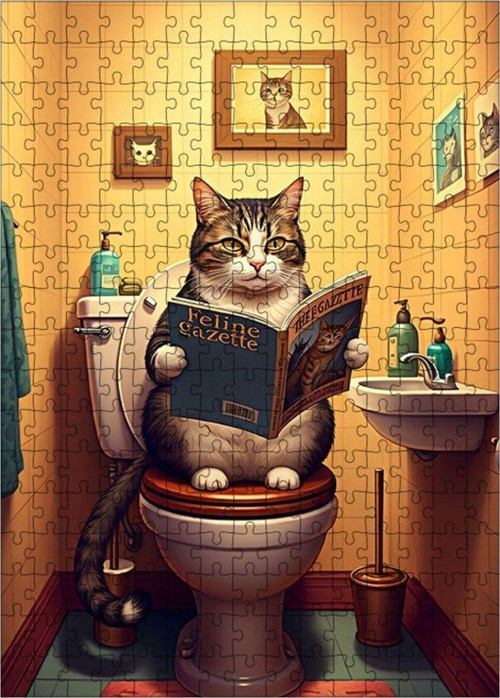 Ahşap Mdf Puzzle Yapboz Tuvalette Gazete Okuyan Kedi 255 Parça 35 x 50 cm