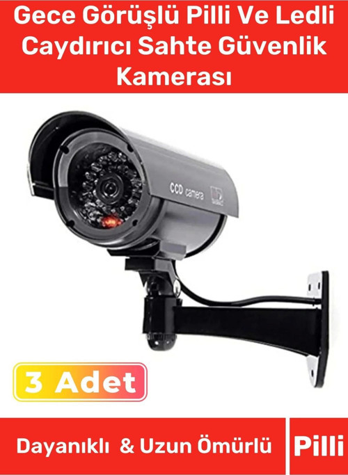 Özel Ev Apartman Bahçe İş Yeri Gece Görüşlü Pilli Ledli Caydırıcı Sahte Güvenlik Kamerası 3'lü Set