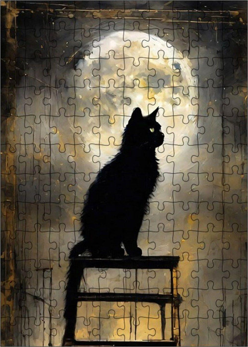 Ahşap Mdf Puzzle Yapboz Ay Işığında Kedi Silüeti 120 Parça 25 x 35 cm