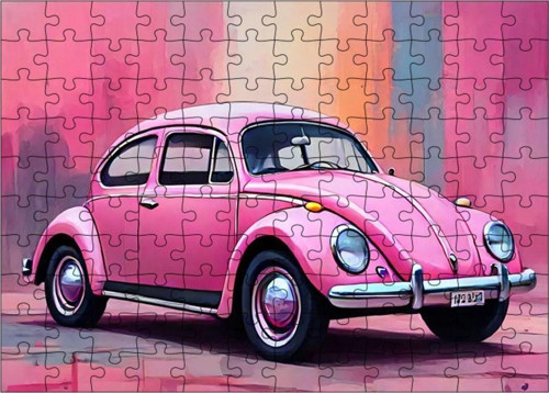 Ahşap Mdf Puzzle Yapboz Retro Pembe Kaplumbağa Araba 120 Parça 25 x 35 cm