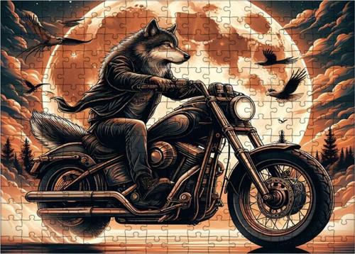 Ahşap Mdf Puzzle Yapboz Motosiklet Süren Kurt Ve Kartallar 255 Parça 35 x 50 cm