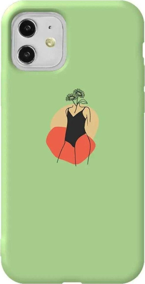 iPhone 11 Açık Yeşil Renkli Silikon Telefon Kılıfı - Flower Girl Standing
