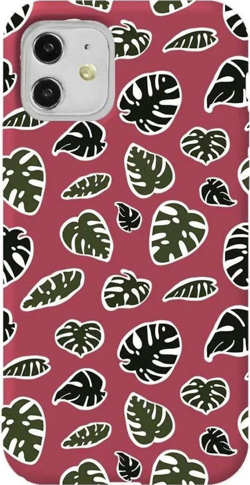 iPhone 11 Bordo Renkli Silikon Telefon Kılıfı - Monstera Yapraklari