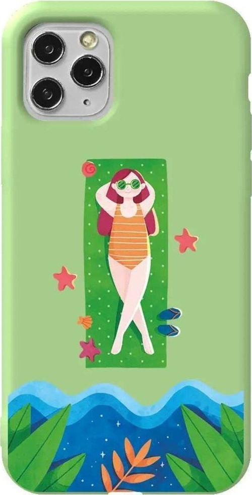 İphone 11 Pro Açık Yeşil Renkli Silikon Telefon Kılıfı - Plajda Uzanmak