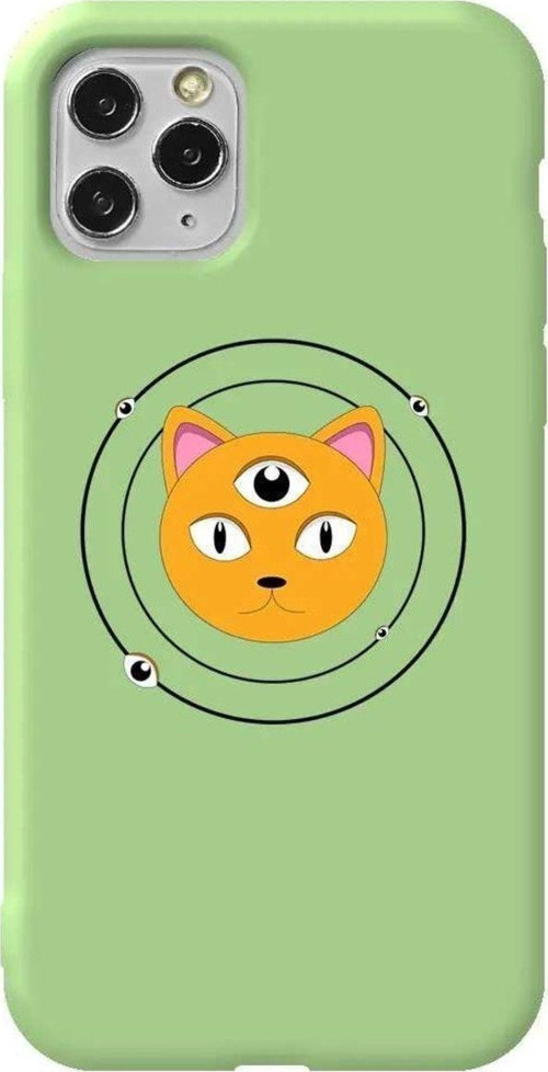 İphone 11 Pro Max Açik Yesil Renkli Silikon Telefon Kılıfı - Üç Gözlü Kedi