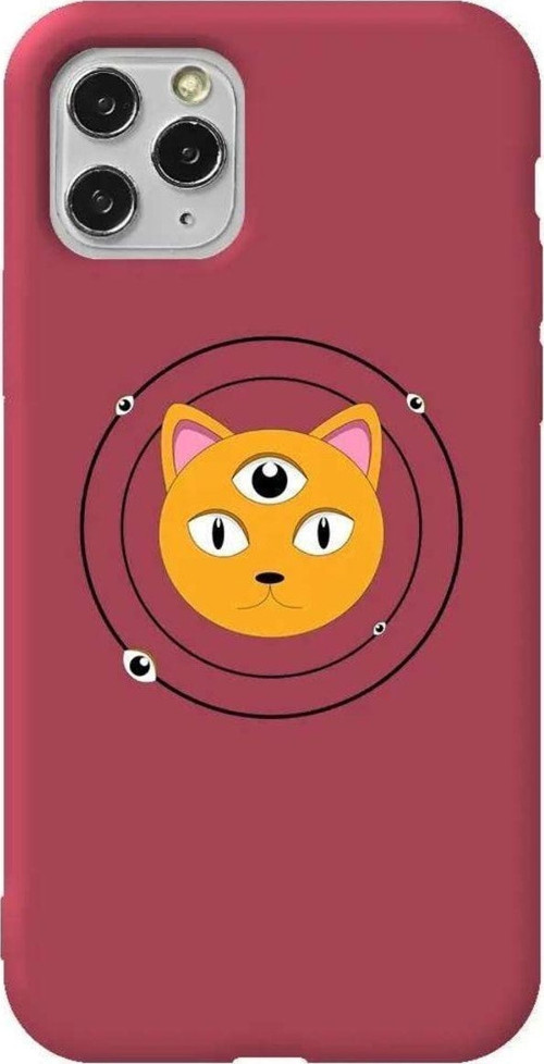 İphone 11 Pro Max Bordo Renkli Silikon Telefon Kılıfı - Üç Gözlü Kedi