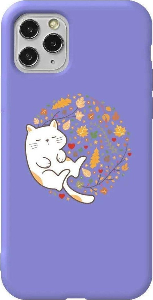İphone 11 Pro Max Lila Renkli Silikon Telefon Kılıfı - Uyuyan Kedi