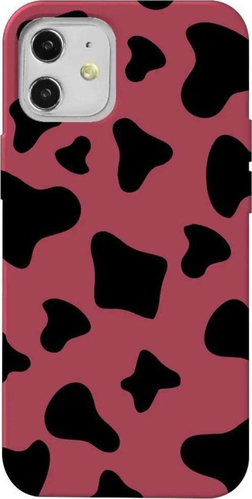 iPhone 12 Bordo Renkli Silikon Telefon Kılıfı - Inek Desenleri