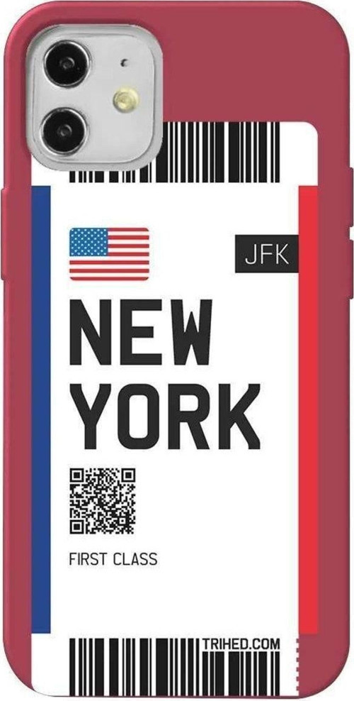 iPhone 12 Bordo Renkli Silikon Telefon Kılıfı - New York Bileti