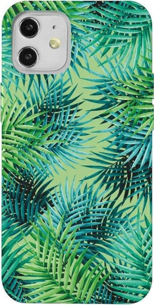 İphone 12 Mini Açik Yesil Renkli Silikon Telefon Kılıfı - Palmiye Yapraklari 2