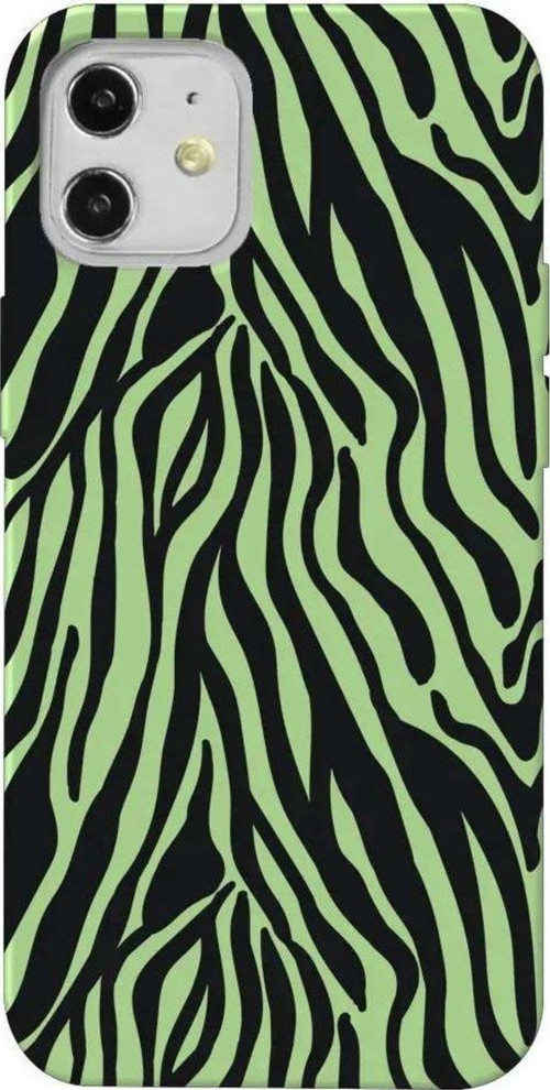 İphone 12 Mini Açik Yesil Renkli Silikon Telefon Kılıfı - Siyah Zebra Desenleri