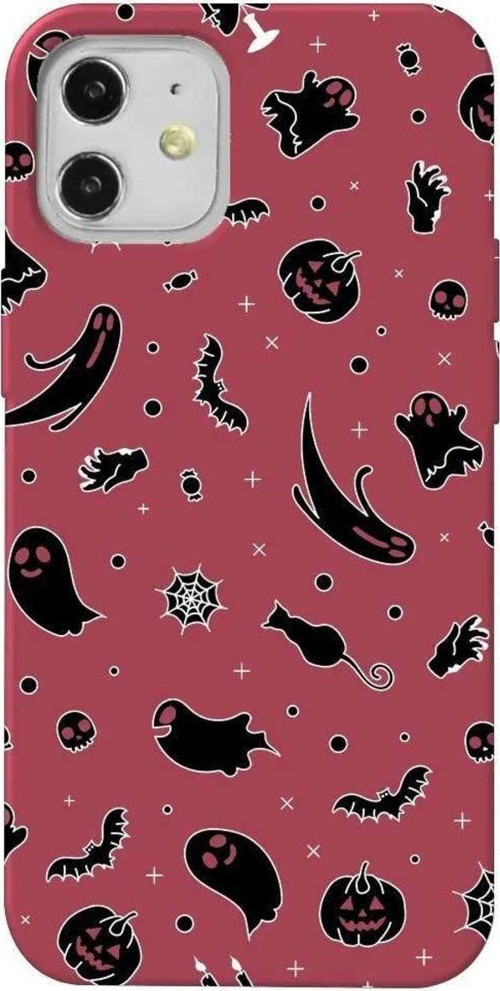 İphone 12 Mini Bordo Renkli Silikon Telefon Kılıfı - Halloween Black