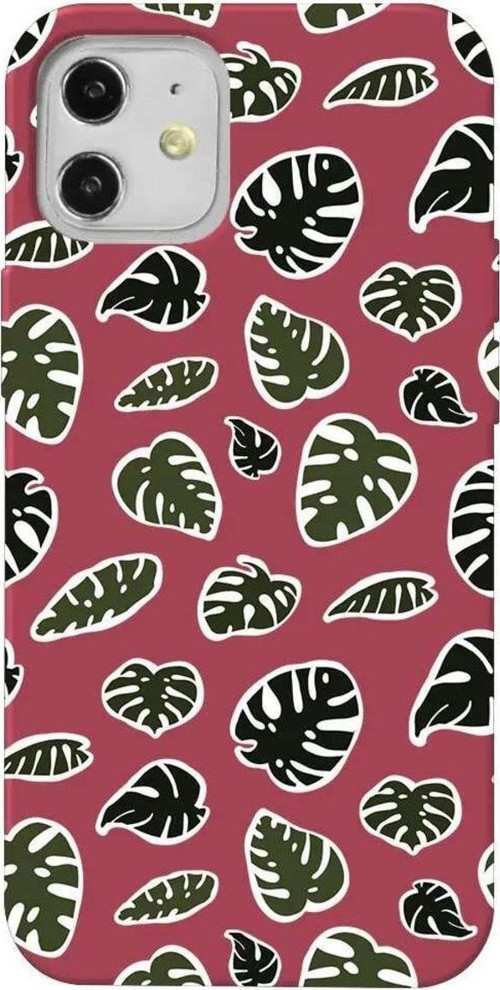 İphone 12 Mini Bordo Renkli Silikon Telefon Kılıfı - Monstera Yapraklari