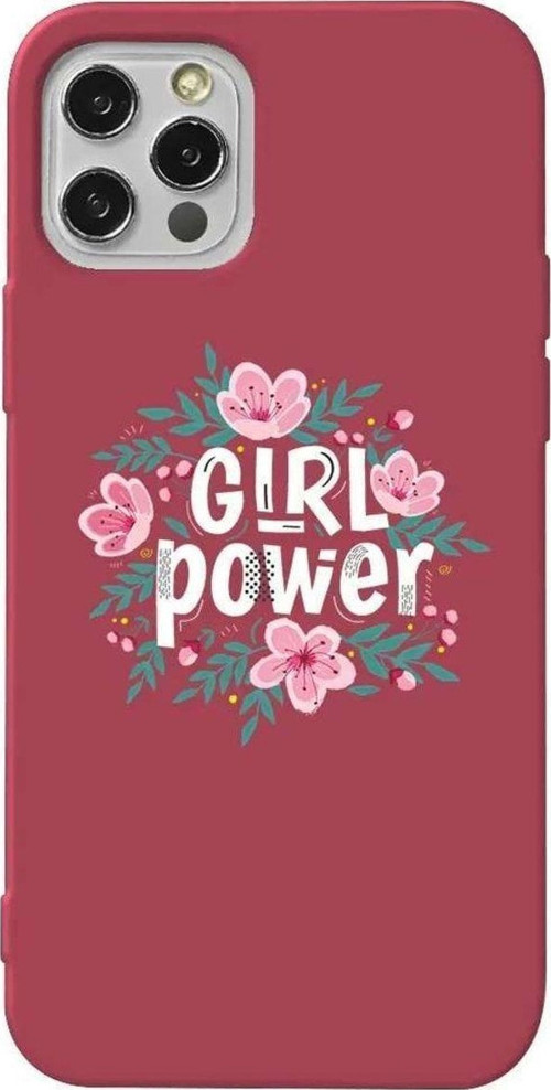 İphone 12 Pro Bordo Renkli Silikon Telefon Kılıfı - Çiçekli Girl Power