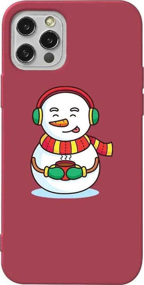 İphone 12 Pro Max Uyumlu Bordo Renkli Silikon Telefon Kılıfı - Snowman With Coffee