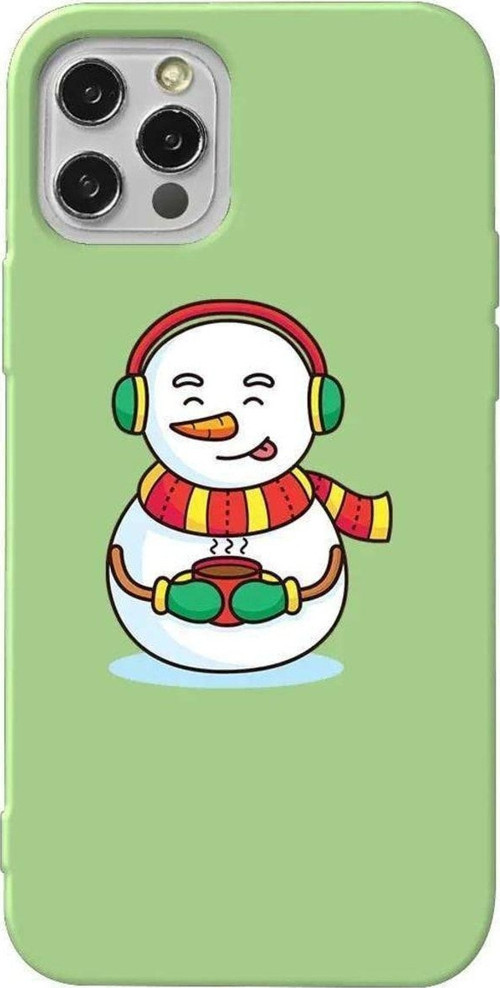 İphone 12 Pro Max Uyumlu Açık Yeşil Renkli Silikon Telefon Kılıfı - Snowman With Coffee