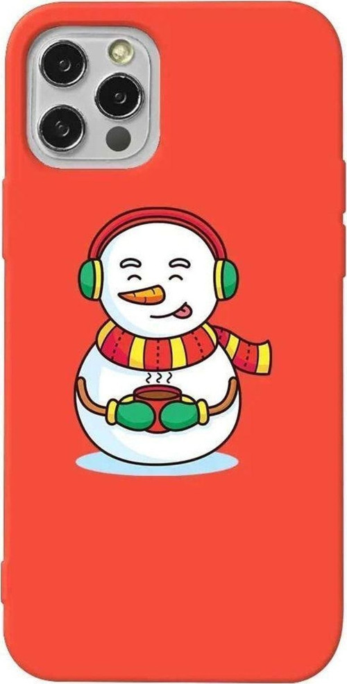 İphone 12 Pro Max Uyumlu Turuncu Renkli Silikon Telefon Kılıfı - Snowman With Coffee