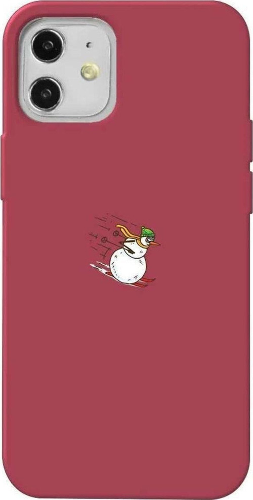 iPhone 12 Uyumlu Bordo Renkli Silikon Telefon Kılıfı - Snowman Skiing