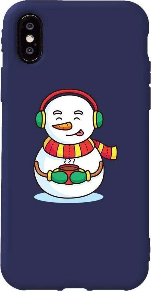 İphone X Lacivert Uyumlu Renkli Silikon Telefon Kılıfı - Snowman With Coffee