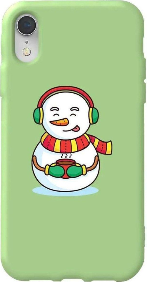İphone XR Açık Yeşil Renkli Silikon Telefon Kılıfı Uyumlu Snowman With Coffee