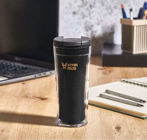 Mug 350 Ml Opak Seri - Siyah Çift Katmanlı Mug - Piknik Kamp Outdoor Ofis Otel Kafe Okul Kampüs