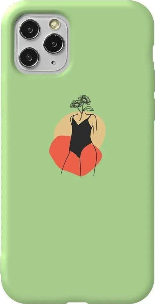 İphone 11 Pro Max Açik Yesil Renkli Silikon Telefon Kılıfı - Flower Girl Standing