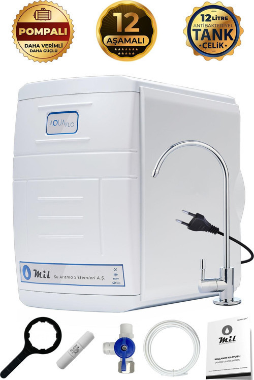 12 Aşamalı Pompalı 80 GPD AquaFlo Membranlı 12 Lt Metal Tanklı Su Arıtma Cihazı (BKP12-M-A)